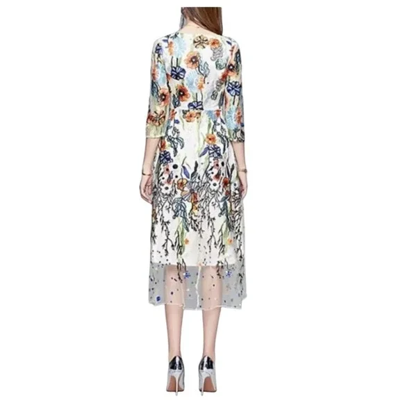 Antrophology Vicky and Lucas Floral Embroidered Midi Dress Sheer Overlay Party L - Picture 4 of 13